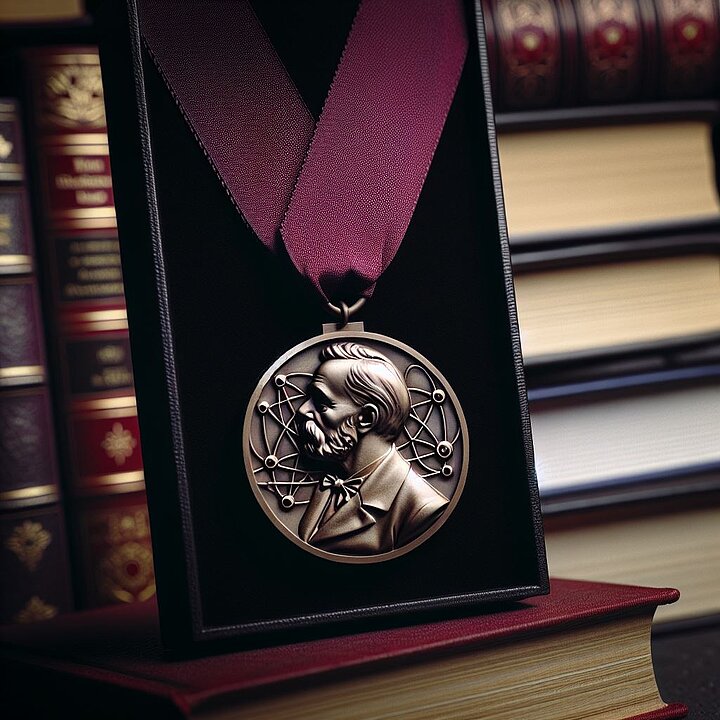 Zdjęcie przedstawia nagrodę Nobla na tle książek